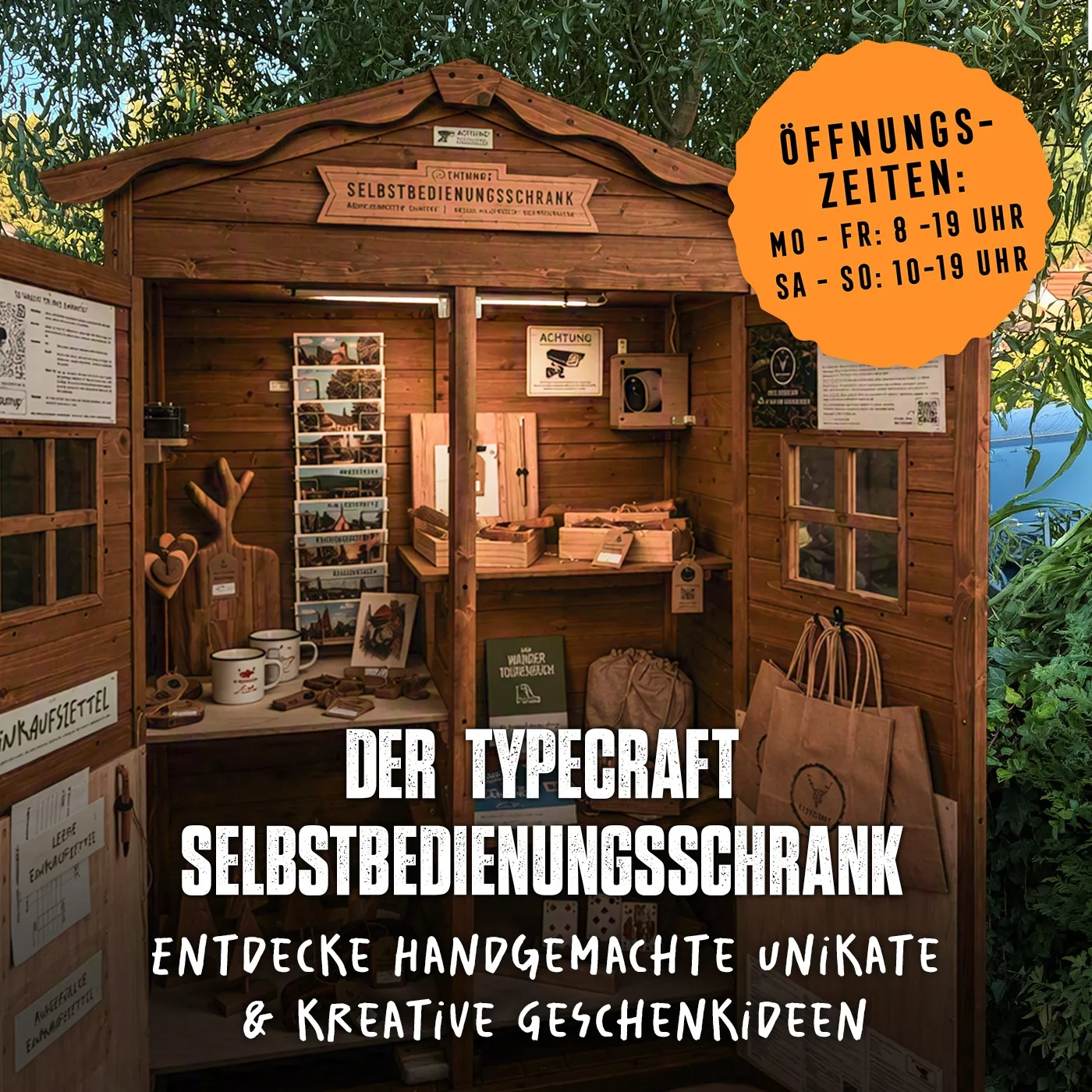 Der TYPECRAFT Selbstbedienungsschrank.
Entdecke handgefertigte Holzdekoration, saisonale Geschenkideen und ausgewählte Lieblingsstücke – ganz bequem zum aussuchen & mitnehmen.